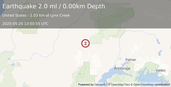 Earthquake 96 km SE of Nikolai, Alaska (2.0 ml) (2025-05-25 13:50:55 UTC)