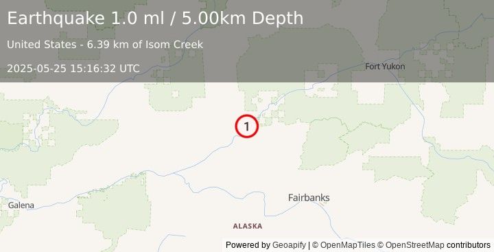 Earthquake 36 km SW of Stevens Village, Alaska (1.0 ml) (2025-05-25 15:16:32 UTC)