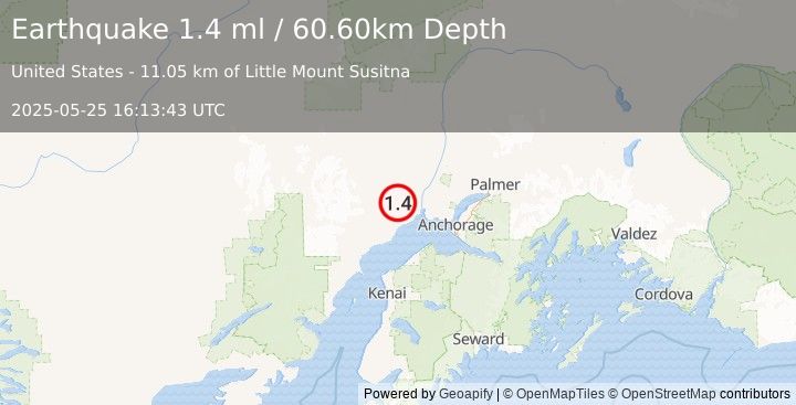 Earthquake 31 km WSW of Susitna, Alaska (1.4 ml) (2025-05-25 16:13:43 UTC)