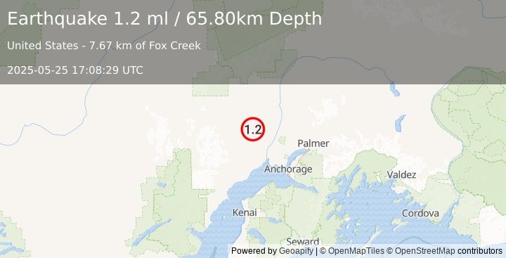 Earthquake 29 km SE of Skwentna, Alaska (1.2 ml) (2025-05-25 17:08:29 UTC)