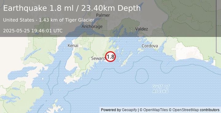 Earthquake 32 km WNW of Chenega, Alaska (1.8 ml) (2025-05-25 19:46:01 UTC)