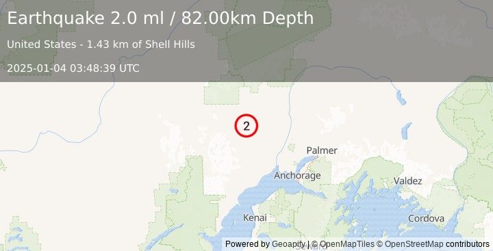 Earthquake 7 km WSW of Skwentna, Alaska (2.0 ml) (2025-01-04 03:48:39 UTC)