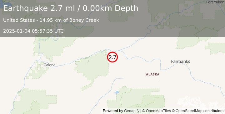 Earthquake 30 km SW of Tanana, Alaska (2.7 ml) (2025-01-04 05:57:35 UTC)