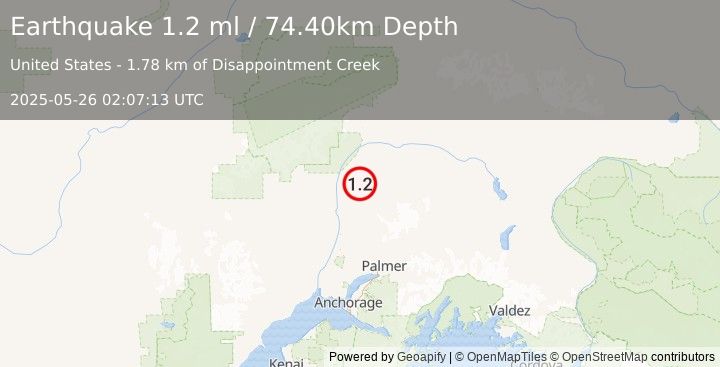 Earthquake 23 km E of Chase, Alaska (1.2 ml) (2025-05-26 02:07:13 UTC)