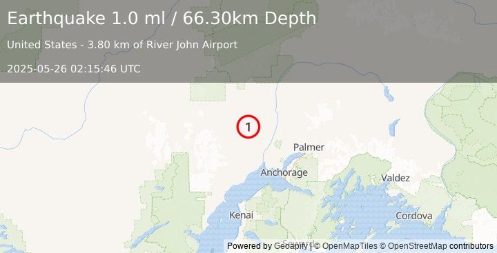 Earthquake 21 km ESE of Skwentna, Alaska (1.0 ml) (2025-05-26 02:15:46 UTC)