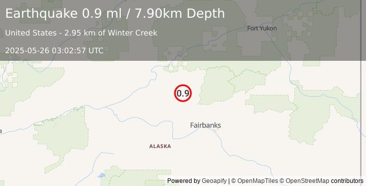 Earthquake 13 km SSW of Livengood, Alaska (0.9 ml) (2025-05-26 03:02:57 UTC)