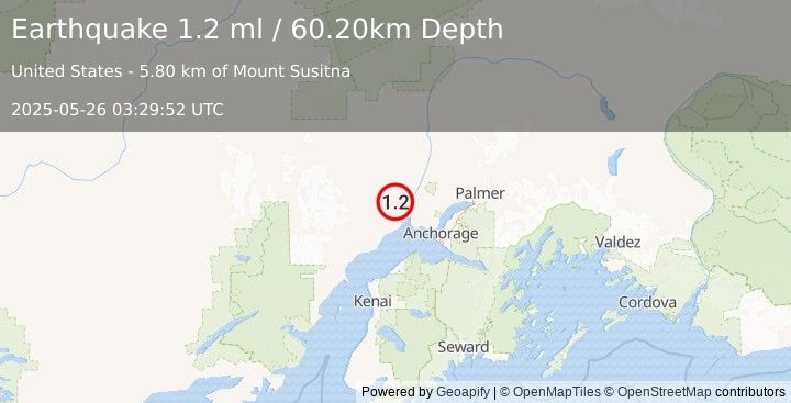 Earthquake 15 km WSW of Susitna, Alaska (1.2 ml) (2025-05-26 03:29:52 UTC)