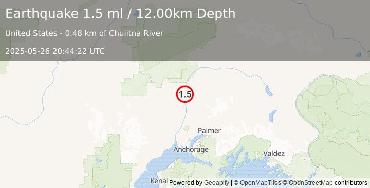Earthquake 2 km WNW of Talkeetna, Alaska (1.5 ml) (2025-05-26 20:44:22 UTC)