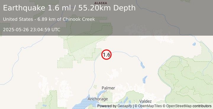 Earthquake 55 km NE of Chase, Alaska (1.6 ml) (2025-05-26 23:04:59 UTC)