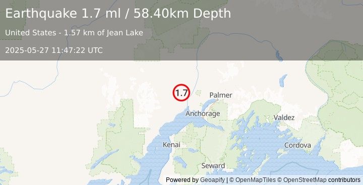 Earthquake 20 km NW of Susitna, Alaska (1.7 ml) (2025-05-27 11:47:22 UTC)