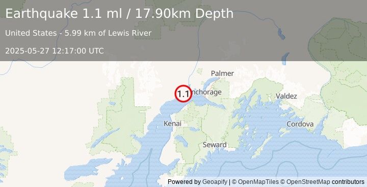 Earthquake 16 km ENE of Beluga, Alaska (1.1 ml) (2025-05-27 12:17:00 UTC)