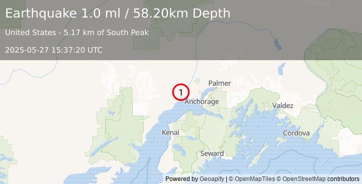 Earthquake 21 km SW of Susitna, Alaska (1.0 ml) (2025-05-27 15:37:20 UTC)