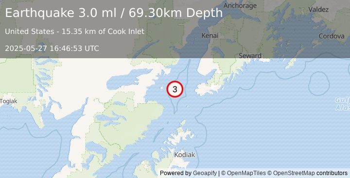 Earthquake 52 km W of Nanwalek, Alaska (3.0 ml) (2025-05-27 16:46:53 UTC)