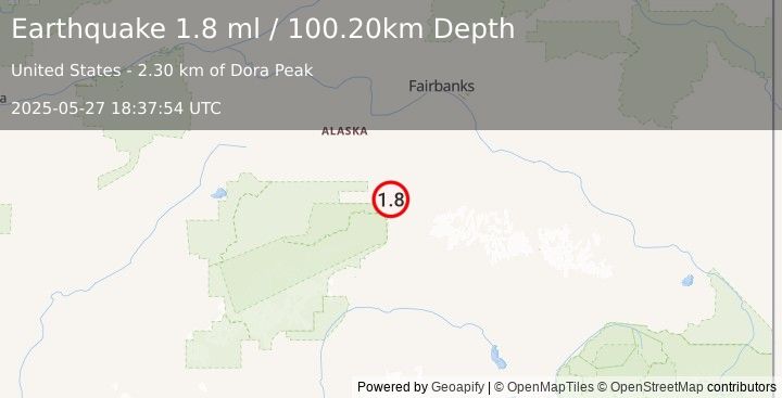 Earthquake 11 km E of Healy, Alaska (1.8 ml) (2025-05-27 18:37:54 UTC)
