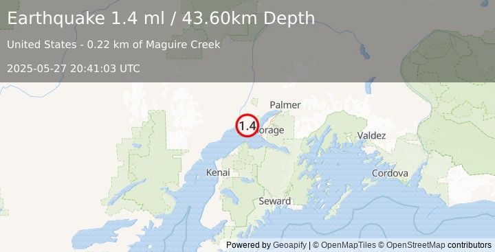 Earthquake 20 km WSW of Point MacKenzie, Alaska (1.4 ml) (2025-05-27 20:41:03 UTC)