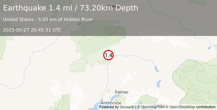 Earthquake 46 km N of Chase, Alaska (1.4 ml) (2025-05-27 20:45:31 UTC)
