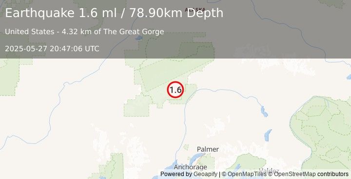 Earthquake 40 km NNE of Petersville, Alaska (1.6 ml) (2025-05-27 20:47:06 UTC)