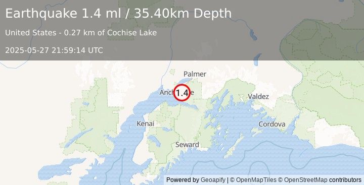 Earthquake 5 km SSW of Elmendorf Air Force Base, Alaska (1.4 ml) (2025-05-27 21:59:14 UTC)