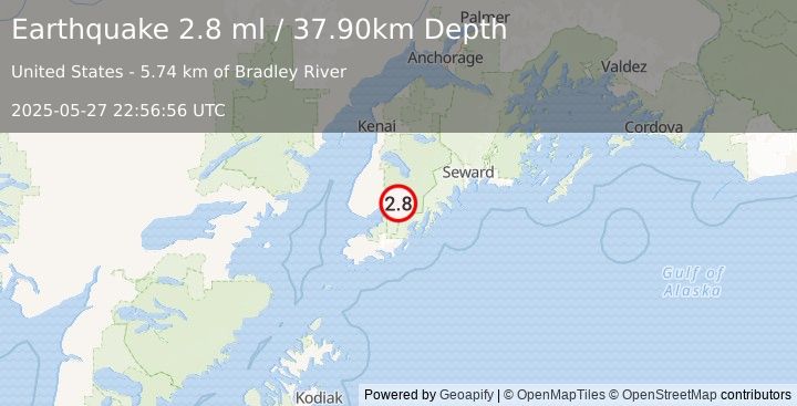 Earthquake 10 km SE of Fox River, Alaska (2.8 ml) (2025-05-27 22:56:56 UTC)