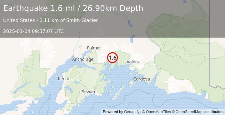 Earthquake 60 km S of Glacier View, Alaska (1.6 ml) (2025-01-04 09:37:07 UTC)