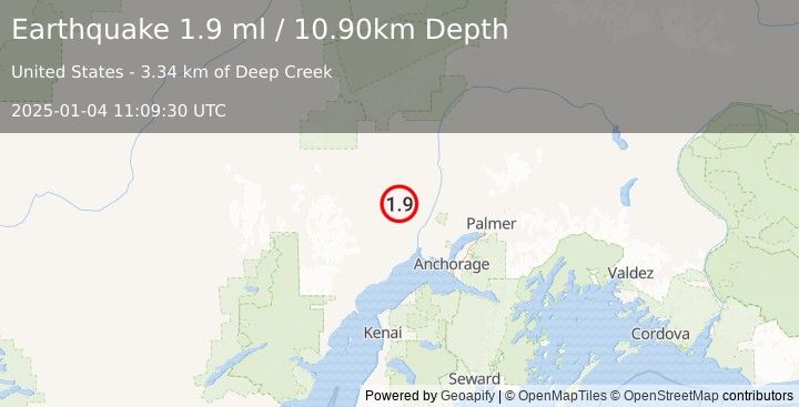 Earthquake 33 km SE of Skwentna, Alaska (1.9 ml) (2025-01-04 11:09:30 UTC)