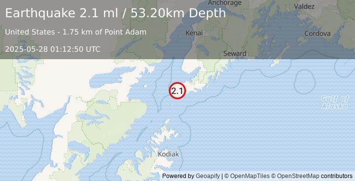 Earthquake 11 km SSW of Nanwalek, Alaska (2.1 ml) (2025-05-28 01:12:50 UTC)
