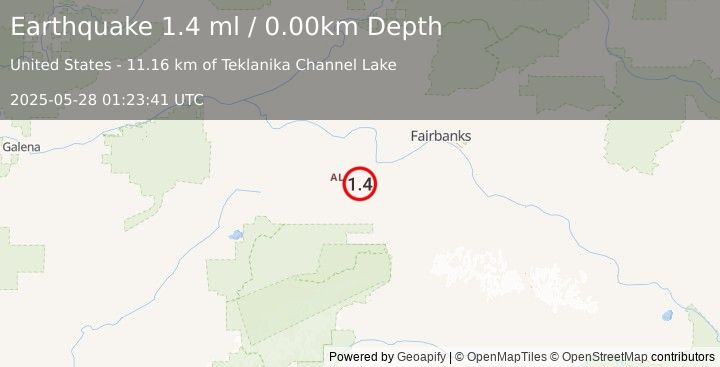 Earthquake 15 km WNW of Anderson, Alaska (1.4 ml) (2025-05-28 01:23:41 UTC)