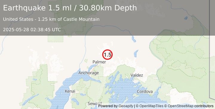 Earthquake 7 km NNW of Chickaloon, Alaska (1.5 ml) (2025-05-28 02:38:45 UTC)
