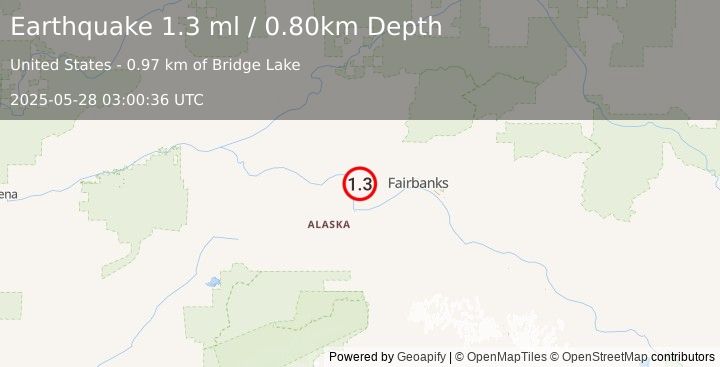 Earthquake 25 km NNE of Four Mile Road, Alaska (1.3 ml) (2025-05-28 03:00:36 UTC)