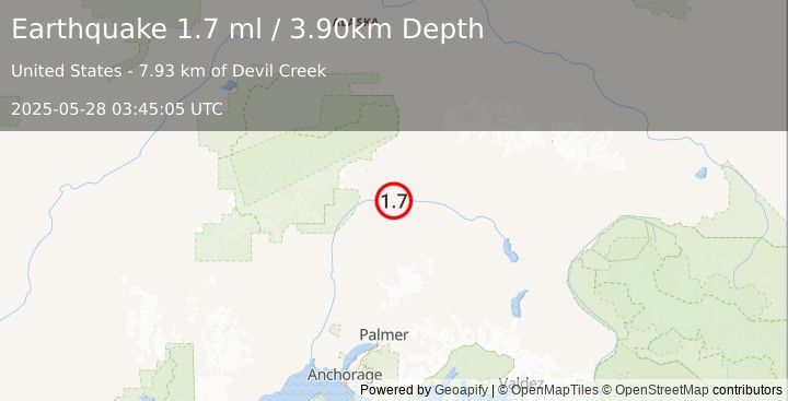 Earthquake 60 km S of Cantwell, Alaska (1.7 ml) (2025-05-28 03:45:05 UTC)