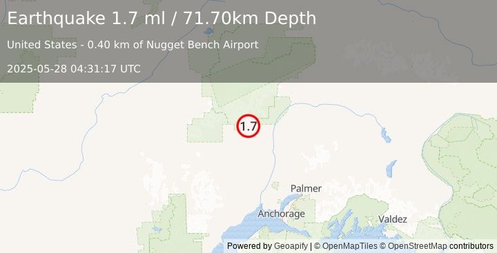 Earthquake 9 km WNW of Petersville, Alaska (1.7 ml) (2025-05-28 04:31:17 UTC)