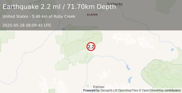 Earthquake 46 km WSW of Cantwell, Alaska (2.2 ml) (2025-05-28 08:09:45 UTC)