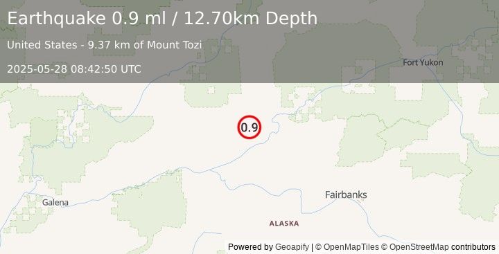 Earthquake 37 km NW of Rampart, Alaska (0.9 ml) (2025-05-28 08:42:50 UTC)