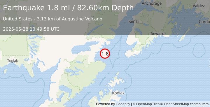 Earthquake 63 km SE of Pedro Bay, Alaska (1.8 ml) (2025-05-28 10:49:58 UTC)