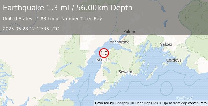 Earthquake 17 km NE of Nikiski, Alaska (1.3 ml) (2025-05-28 12:12:36 UTC)