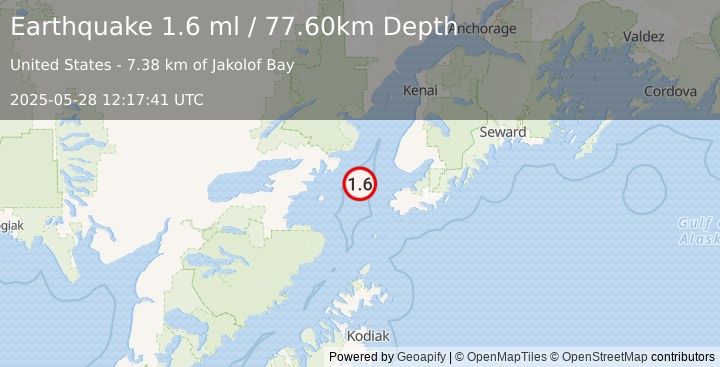 Earthquake 42 km WNW of Nanwalek, Alaska (1.6 ml) (2025-05-28 12:17:41 UTC)