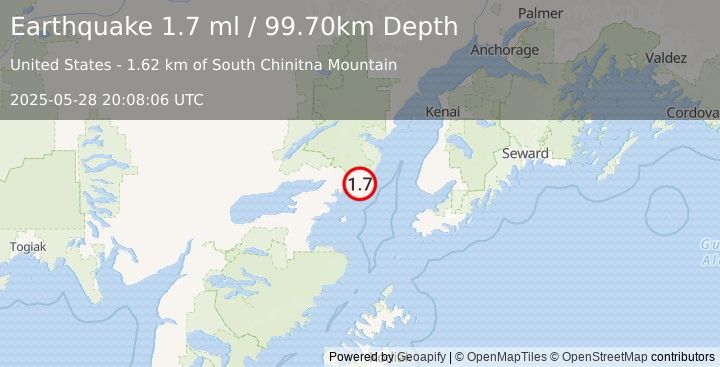 Earthquake 57 km E of Pedro Bay, Alaska (1.7 ml) (2025-05-28 20:08:06 UTC)