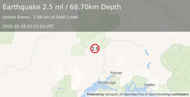 Earthquake 8 km NW of Petersville, Alaska (2.5 ml) (2025-05-28 22:55:24 UTC)