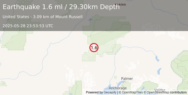 Earthquake 68 km WNW of Petersville, Alaska (1.6 ml) (2025-05-28 23:53:53 UTC)