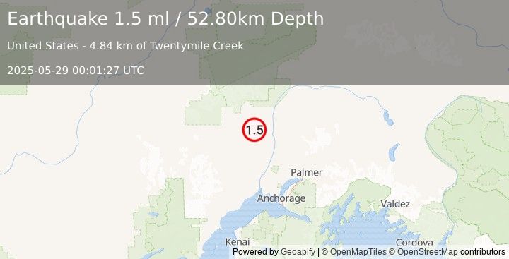Earthquake 27 km WSW of Trapper Creek, Alaska (1.5 ml) (2025-05-29 00:01:27 UTC)