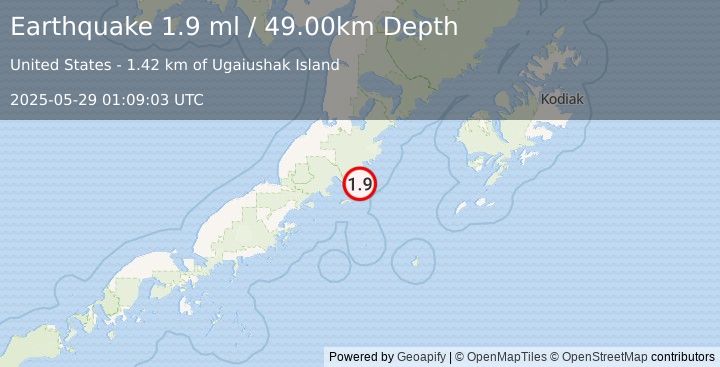 Earthquake 87 km SSE of Ugashik, Alaska (1.9 ml) (2025-05-29 01:09:03 UTC)