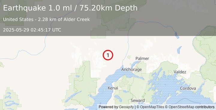 Earthquake 32 km SSW of Skwentna, Alaska (1.0 ml) (2025-05-29 02:45:17 UTC)