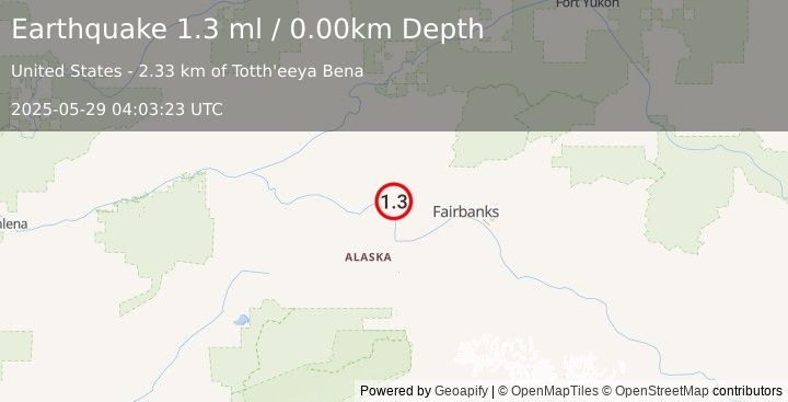 Earthquake 26 km SSE of Minto, Alaska (1.3 ml) (2025-05-29 04:03:23 UTC)