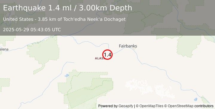 Earthquake 5 km W of Nenana, Alaska (1.4 ml) (2025-05-29 05:43:05 UTC)