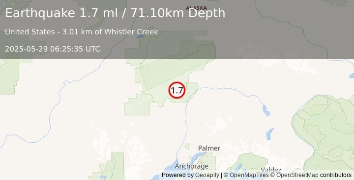 Earthquake 36 km NNE of Petersville, Alaska (1.7 ml) (2025-05-29 06:25:35 UTC)
