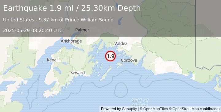 Earthquake 29 km SW of Tatitlek, Alaska (1.9 ml) (2025-05-29 08:20:40 UTC)