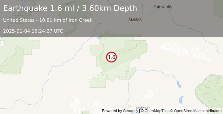 Earthquake 34 km SSE of Denali National Park, Alaska (1.6 ml) (2025-01-04 16:24:27 UTC)