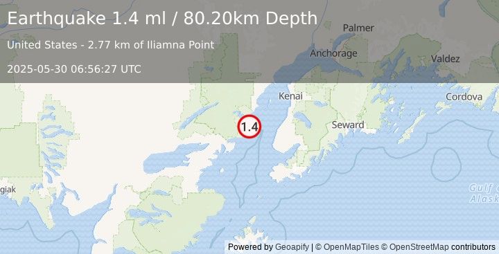 Earthquake 48 km WNW of Happy Valley, Alaska (1.4 ml) (2025-05-30 06:56:27 UTC)