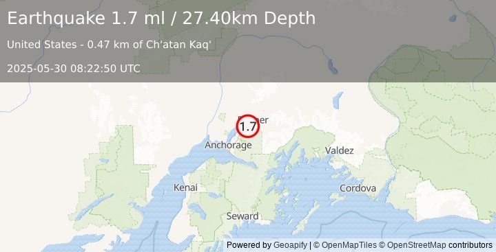 Earthquake 7 km S of Gateway, Alaska (1.7 ml) (2025-05-30 08:22:50 UTC)