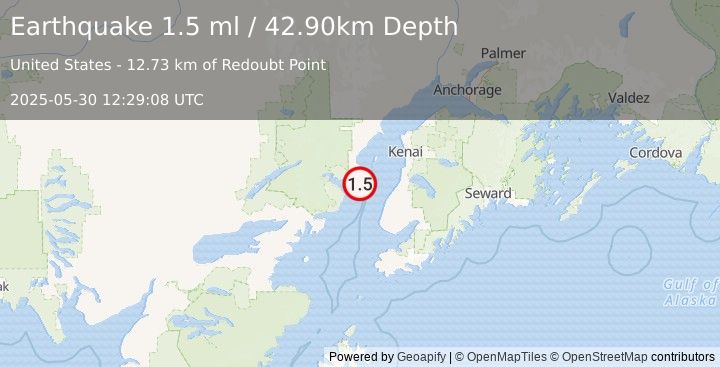 Earthquake 36 km WNW of Ninilchik, Alaska (1.5 ml) (2025-05-30 12:29:08 UTC)